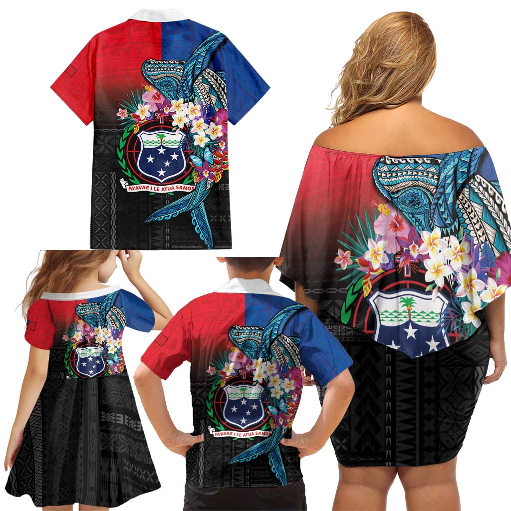 Samoa Family Matching Off Shoulder Short Dress and Hawaiian Shirt Humpback Whale Siapo Pattern
