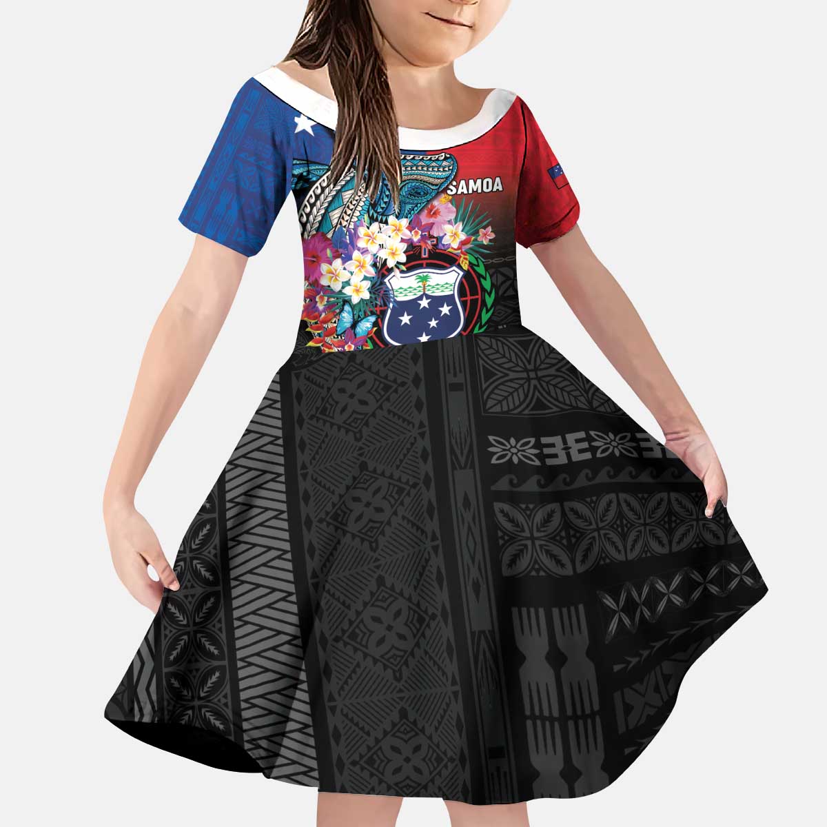 Samoa Kid Short Sleeve Dress Humpback Whale Siapo Pattern