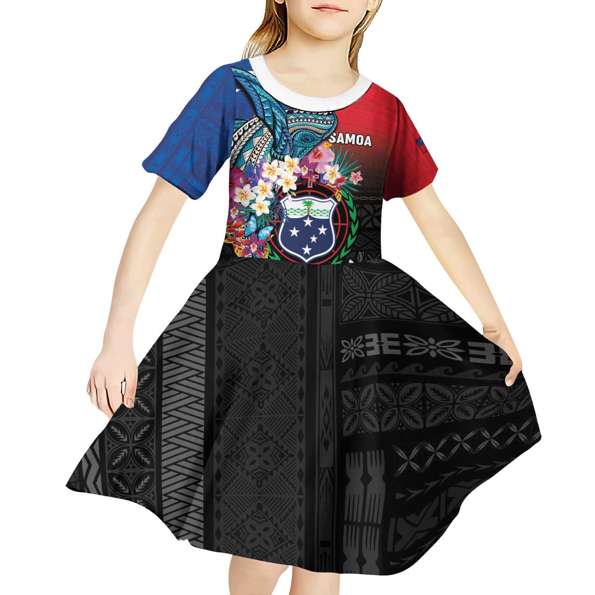 Samoa Kid Short Sleeve Dress Humpback Whale Siapo Pattern
