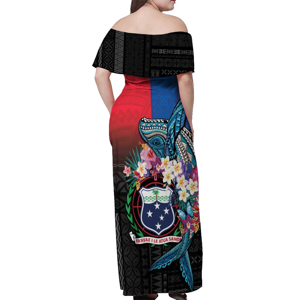 Samoa Off Shoulder Maxi Dress Humpback Whale Siapo Pattern