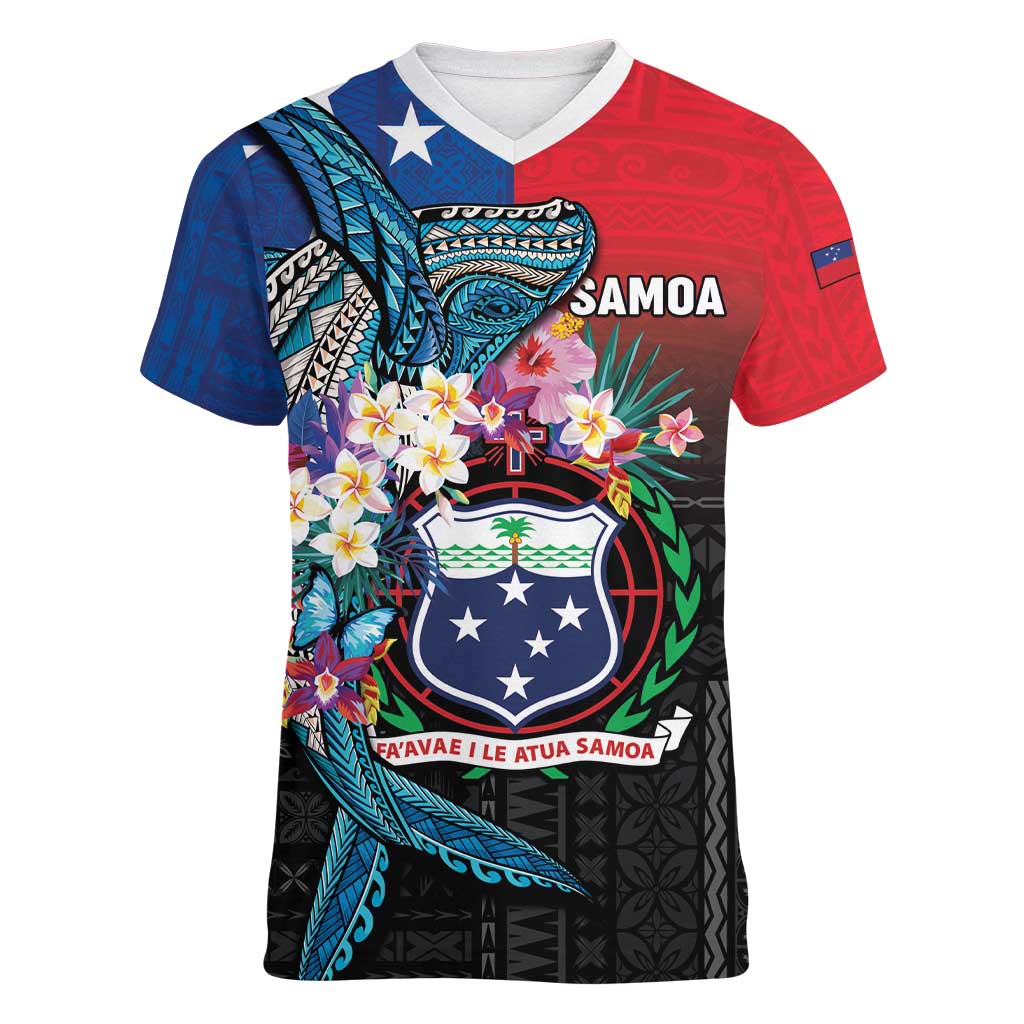 Samoa Women V-Neck T-Shirt Humpback Whale Siapo Pattern