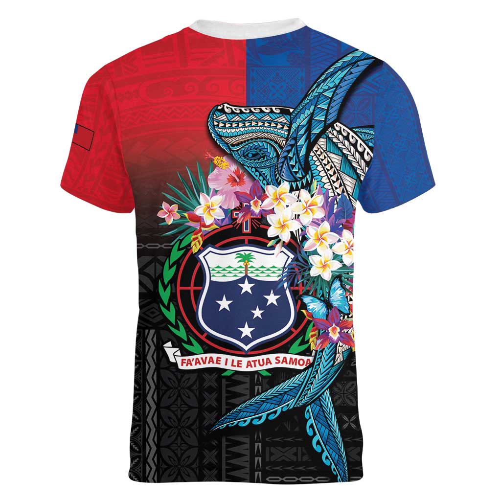 Samoa Women V-Neck T-Shirt Humpback Whale Siapo Pattern LT05 - Polynesian Pride