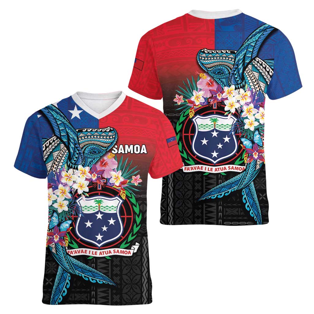 Samoa Women V-Neck T-Shirt Humpback Whale Siapo Pattern LT05 - Polynesian Pride