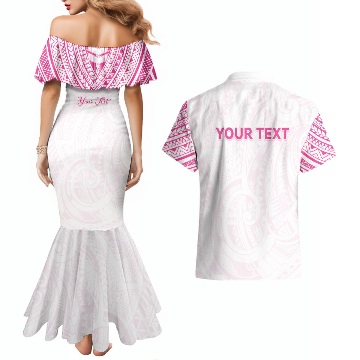 Personalised New Zealand Aotearoa Couples Matching Mermaid Dress and Hawaiian Shirt Nurse Tribal Pink Version
