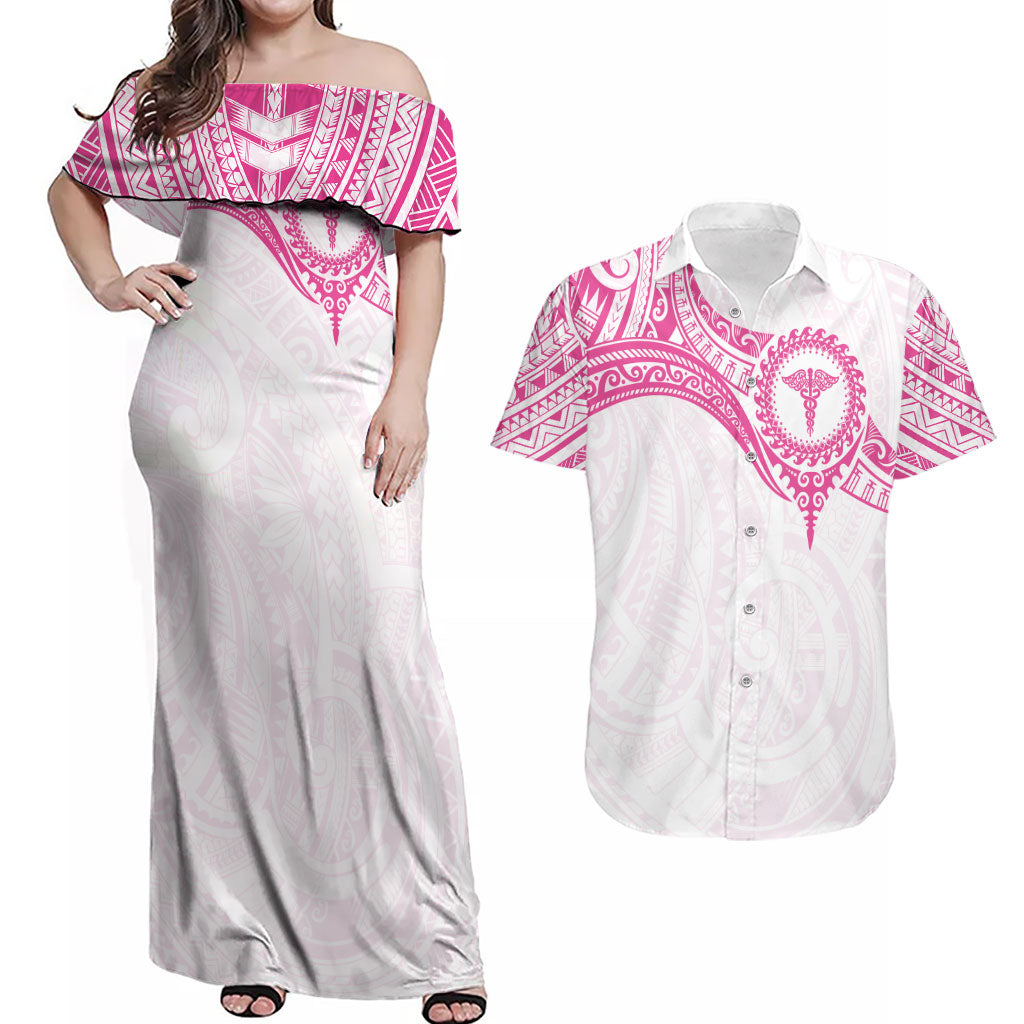 Personalised New Zealand Aotearoa Couples Matching Off Shoulder Maxi Dress and Hawaiian Shirt Nurse Tribal Pink Version