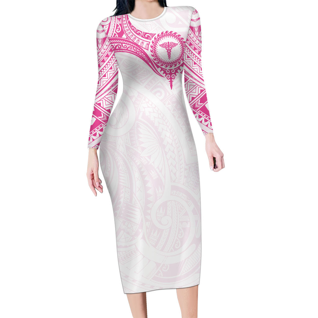 Personalised New Zealand Aotearoa Family Matching Long Sleeve Bodycon Dress and Hawaiian Shirt Nurse Tribal Pink Version