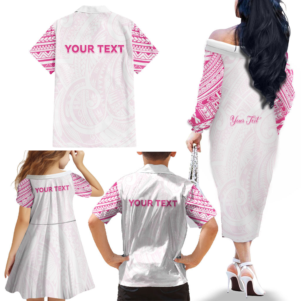 Personalised New Zealand Aotearoa Family Matching Off The Shoulder Long Sleeve Dress and Hawaiian Shirt Nurse Tribal Pink Version
