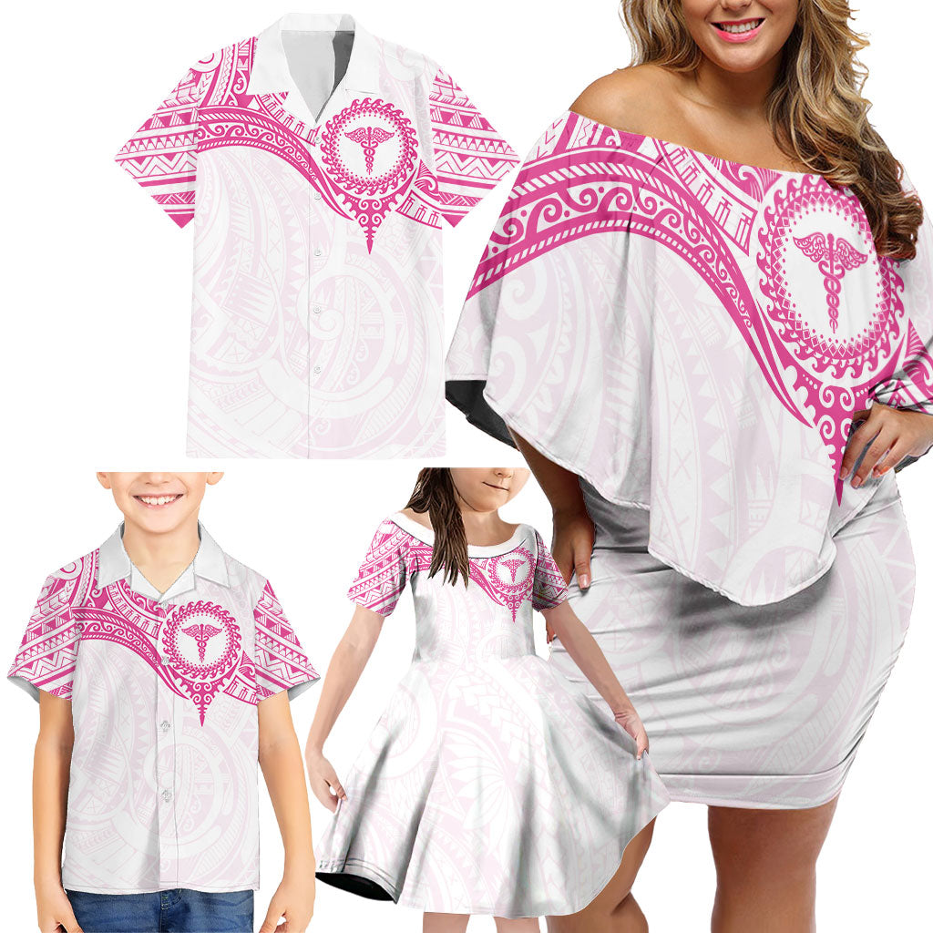 Personalised New Zealand Aotearoa Family Matching Off Shoulder Short Dress and Hawaiian Shirt Nurse Tribal Pink Version