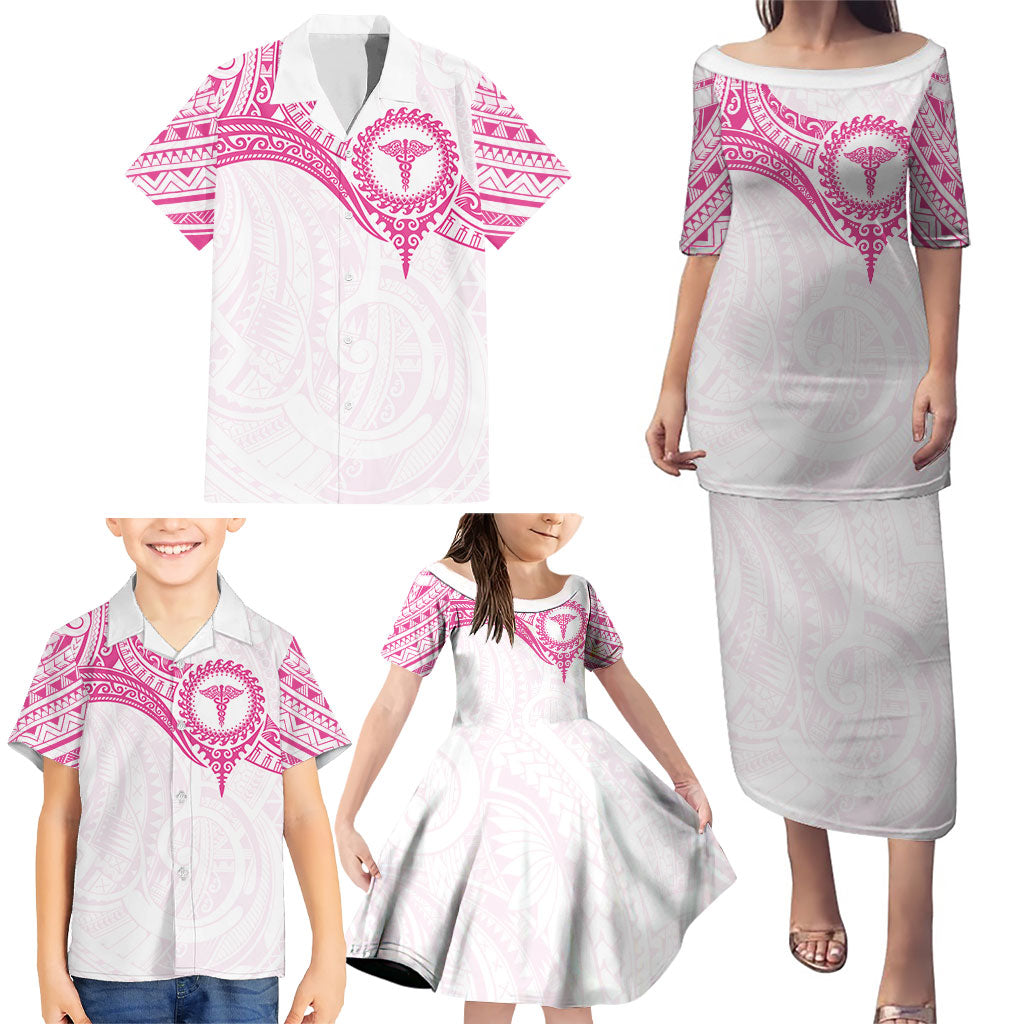 Personalised New Zealand Aotearoa Family Matching Puletasi and Hawaiian Shirt Nurse Tribal Pink Version