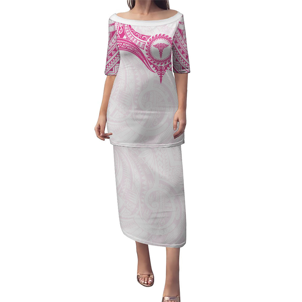 Personalised New Zealand Aotearoa Family Matching Puletasi and Hawaiian Shirt Nurse Tribal Pink Version