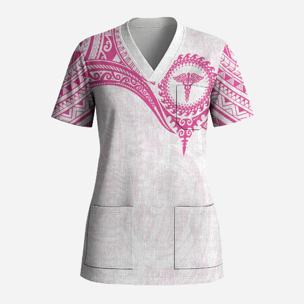 Personalised New Zealand Aotearoa Scrub Top Nurse Tribal Pink Version