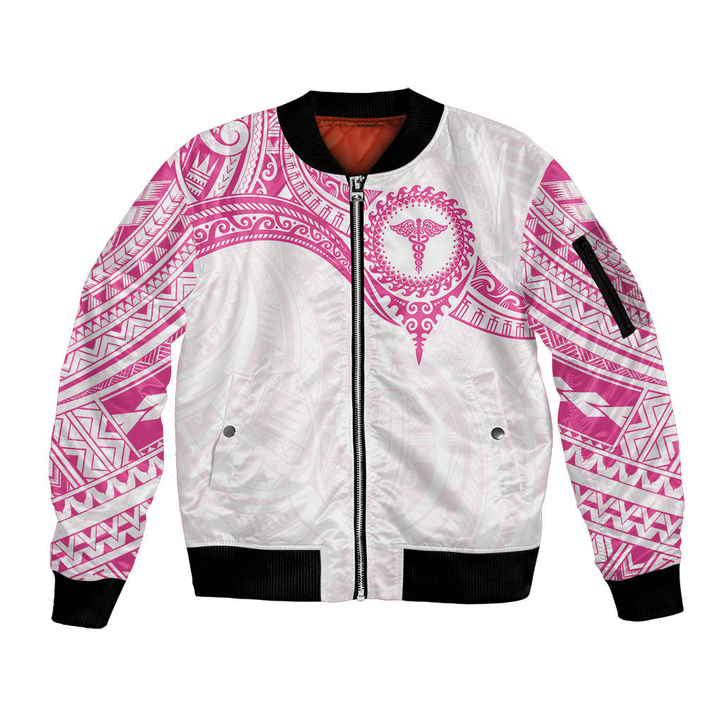 Personalised New Zealand Aotearoa Sleeve Zip Bomber Jacket Nurse Tribal Pink Version LT05 Unisex Pink - Polynesian Pride