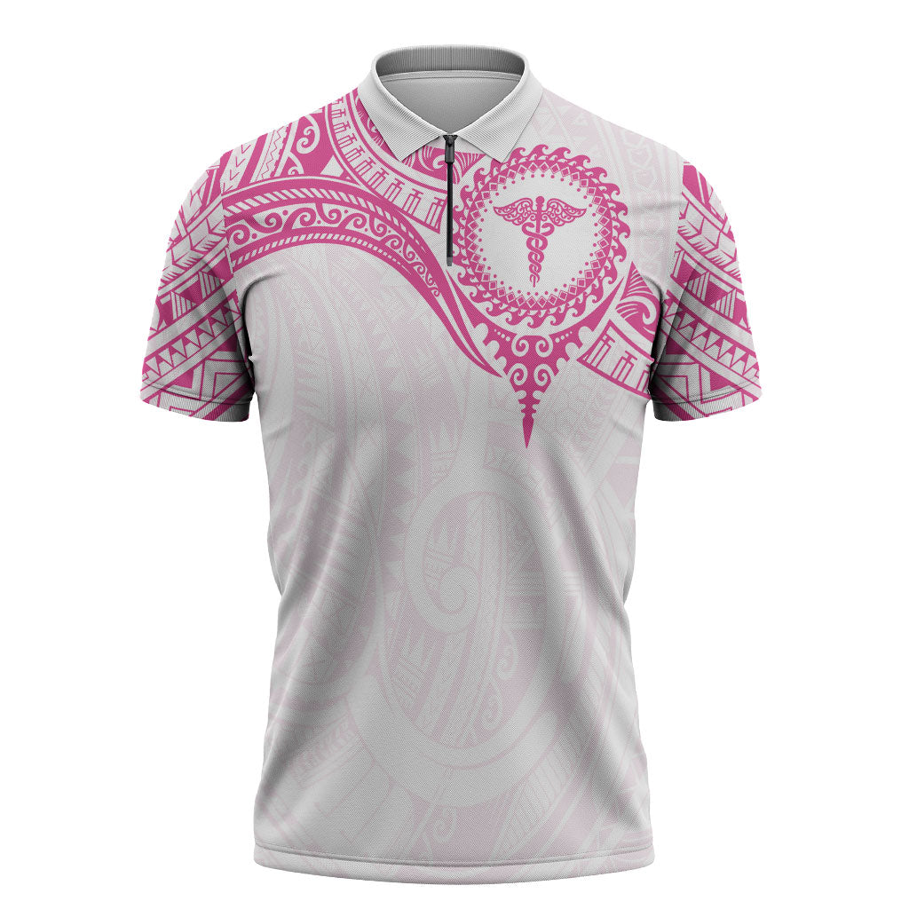 Personalised New Zealand Aotearoa Zipper Polo Shirt Nurse Tribal Pink Version