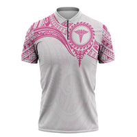 Personalised New Zealand Aotearoa Zipper Polo Shirt Nurse Tribal Pink Version