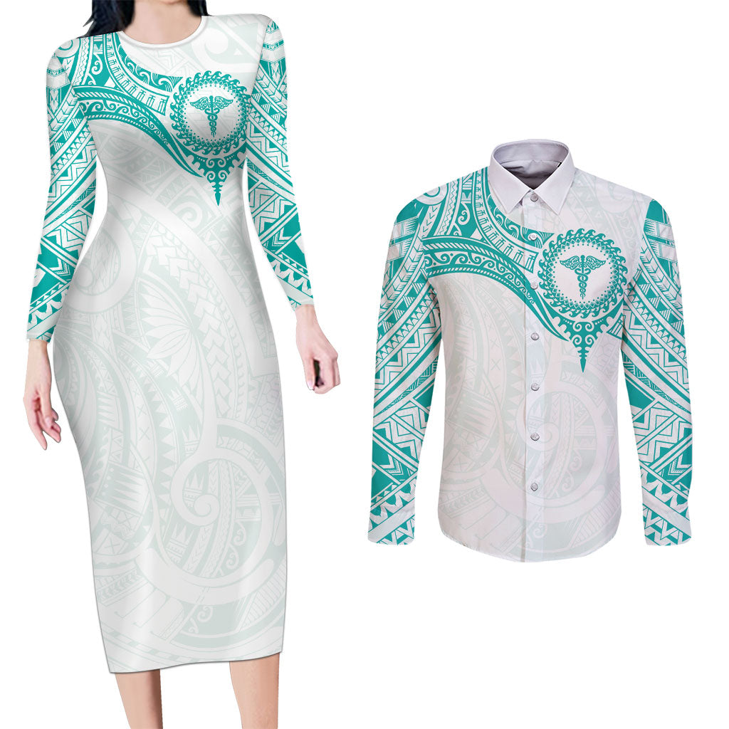 Personalised New Zealand Aotearoa Couples Matching Long Sleeve Bodycon Dress and Long Sleeve Button Shirt Nurse Tribal Teal Version LT05 Teal - Polynesian Pride