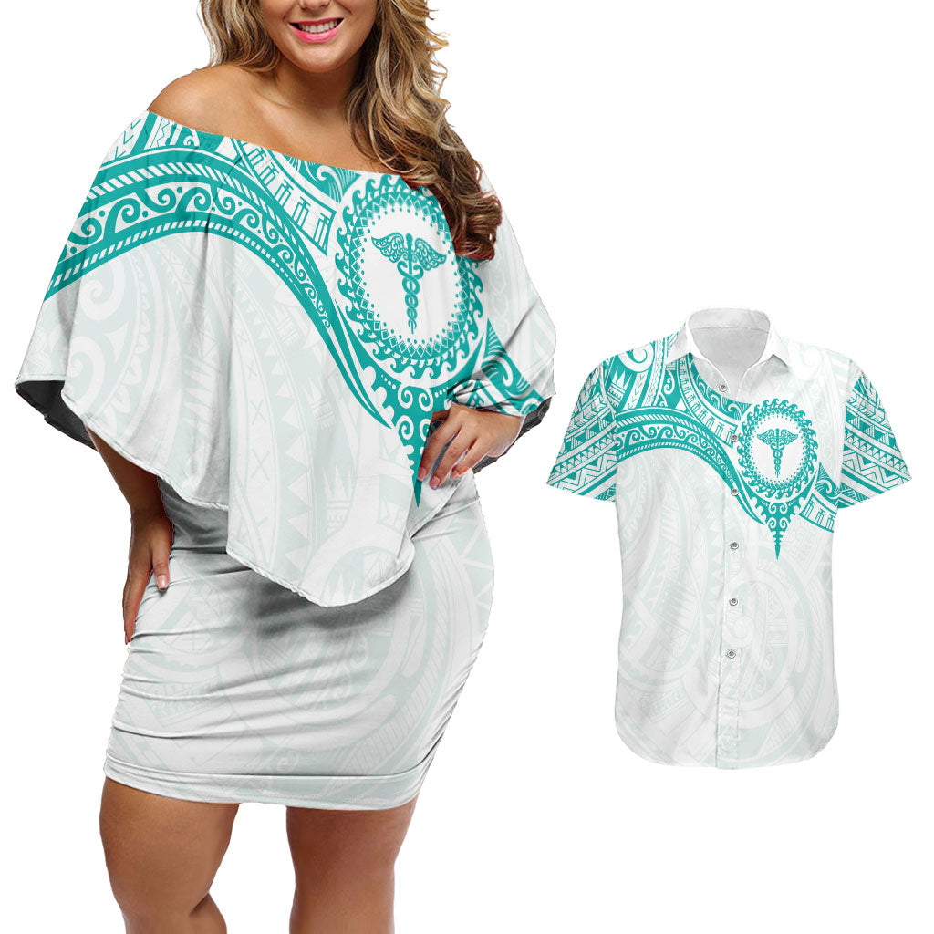 Personalised New Zealand Aotearoa Couples Matching Off Shoulder Short Dress and Hawaiian Shirt Nurse Tribal Teal Version