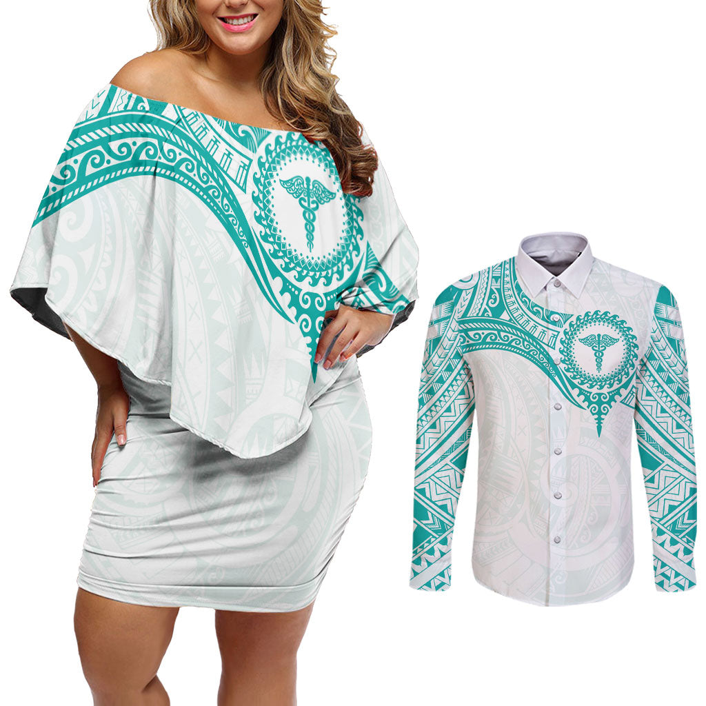 Personalised New Zealand Aotearoa Couples Matching Off Shoulder Short Dress and Long Sleeve Button Shirt Nurse Tribal Teal Version LT05 Teal - Polynesian Pride