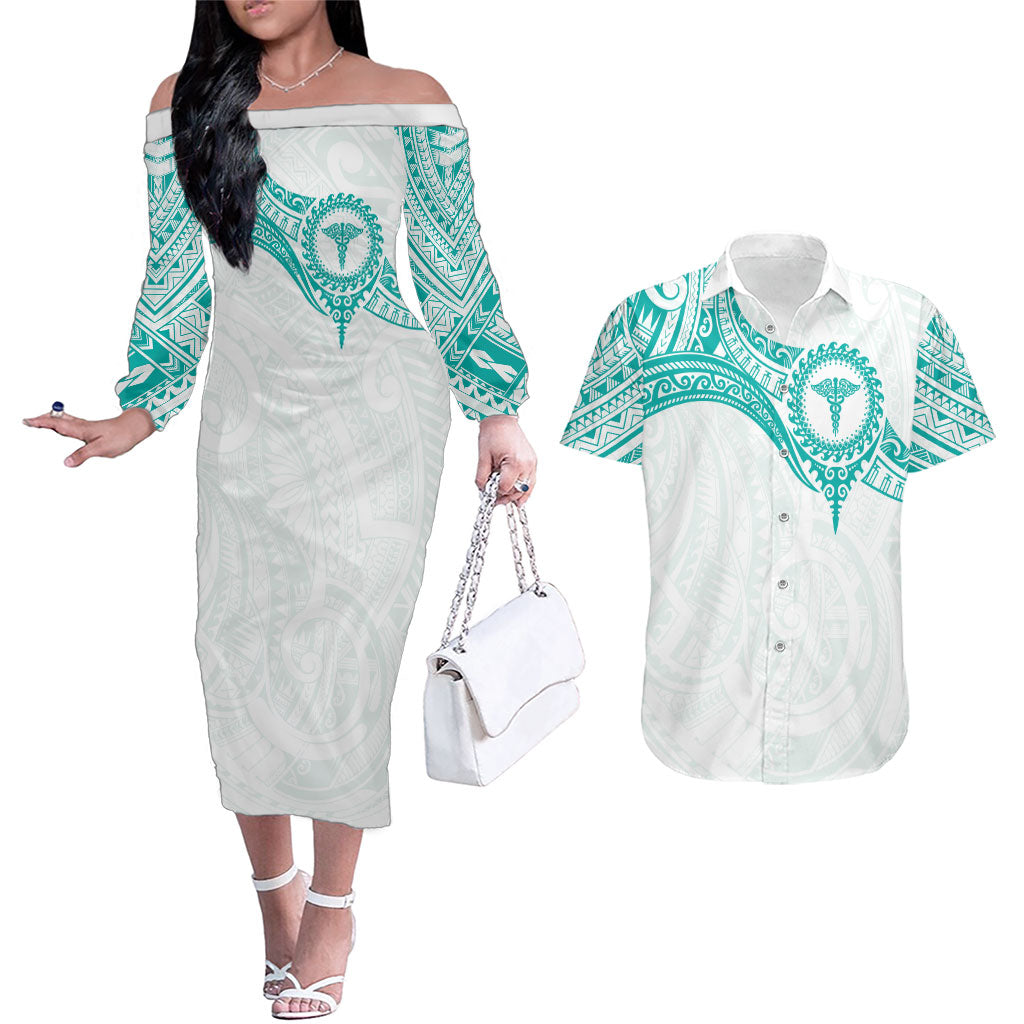 Personalised New Zealand Aotearoa Couples Matching Off The Shoulder Long Sleeve Dress and Hawaiian Shirt Nurse Tribal Teal Version