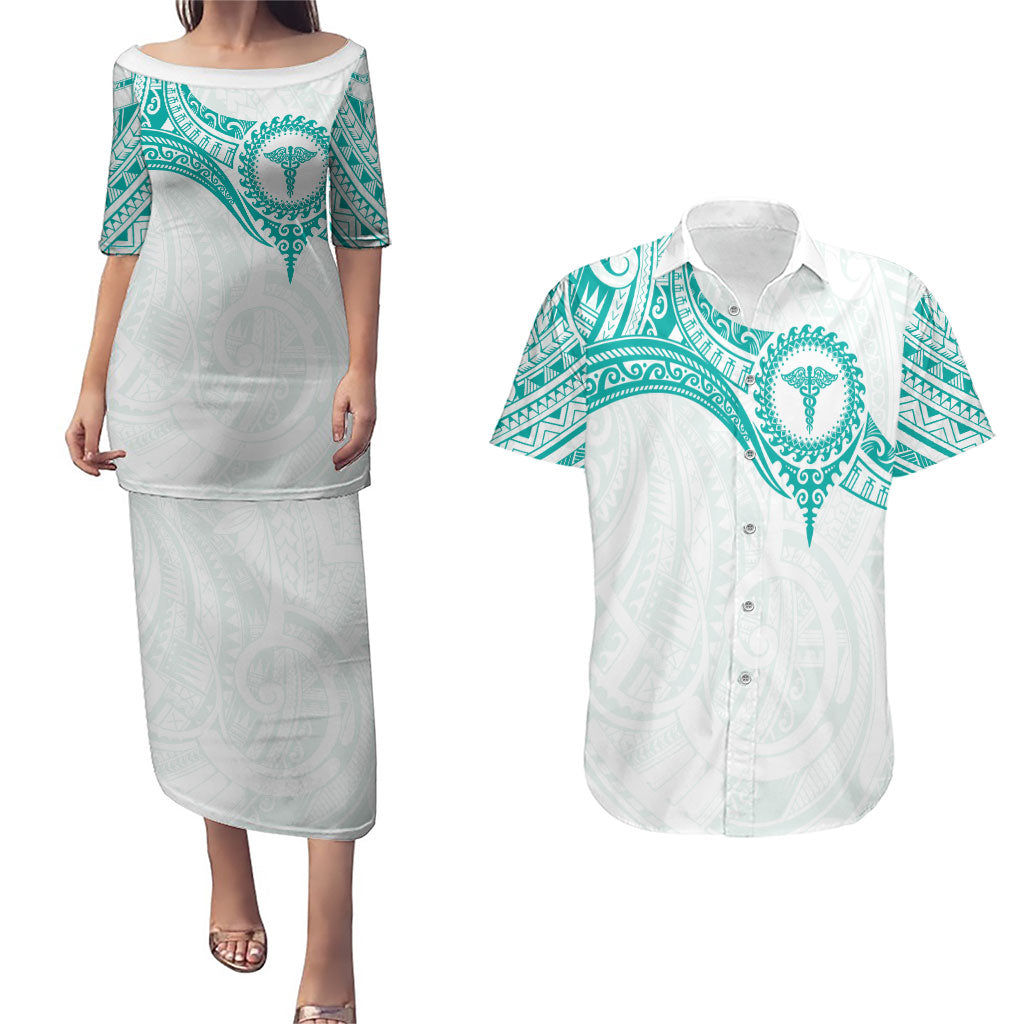 Personalised New Zealand Aotearoa Couples Matching Puletasi and Hawaiian Shirt Nurse Tribal Teal Version