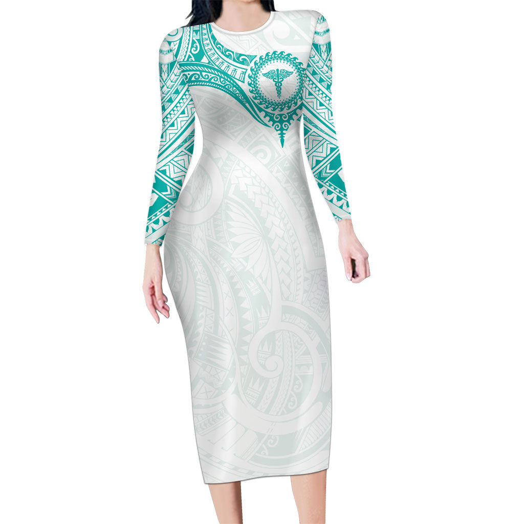 Personalised New Zealand Aotearoa Family Matching Long Sleeve Bodycon Dress and Hawaiian Shirt Nurse Tribal Teal Version