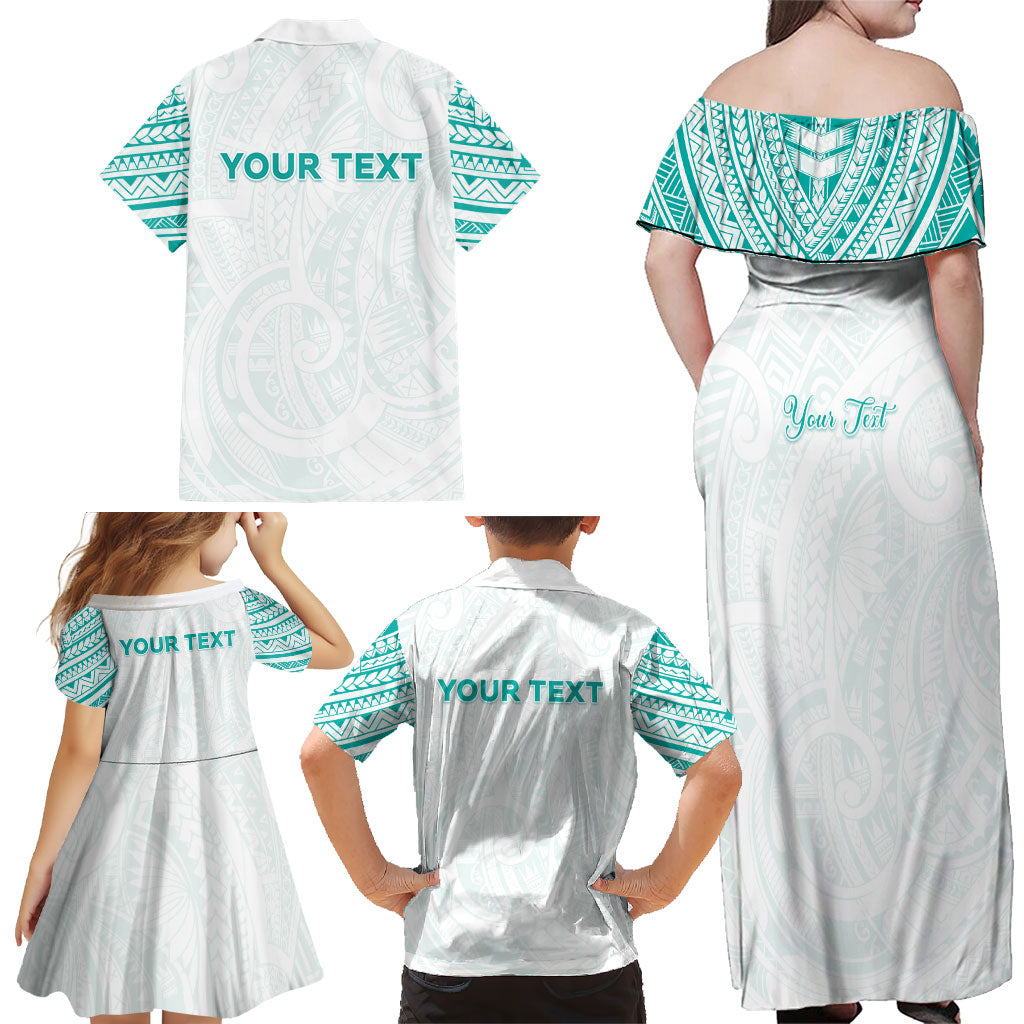 Personalised New Zealand Aotearoa Family Matching Off Shoulder Maxi Dress and Hawaiian Shirt Nurse Tribal Teal Version