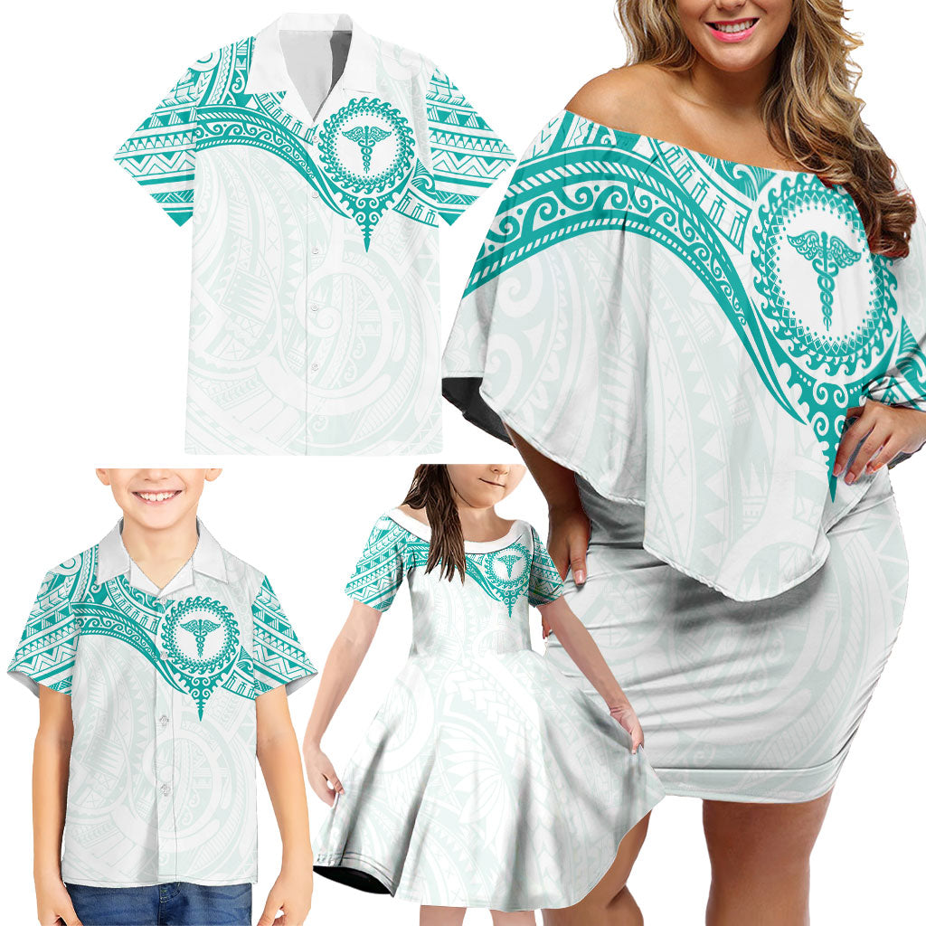 Personalised New Zealand Aotearoa Family Matching Off Shoulder Short Dress and Hawaiian Shirt Nurse Tribal Teal Version