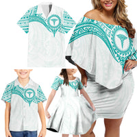 Personalised New Zealand Aotearoa Family Matching Off Shoulder Short Dress and Hawaiian Shirt Nurse Tribal Teal Version
