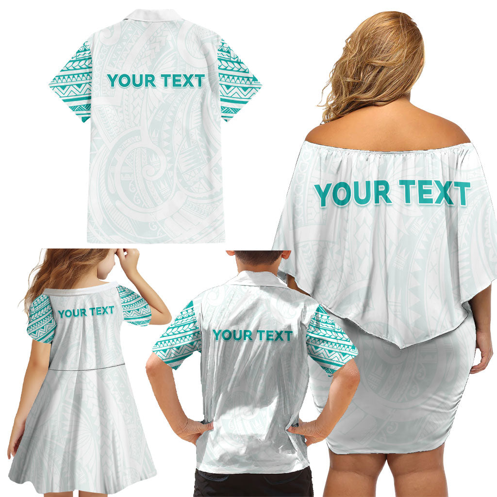 Personalised New Zealand Aotearoa Family Matching Off Shoulder Short Dress and Hawaiian Shirt Nurse Tribal Teal Version
