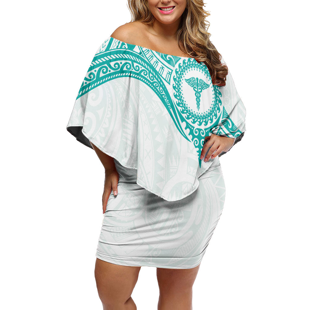 Personalised New Zealand Aotearoa Family Matching Off Shoulder Short Dress and Hawaiian Shirt Nurse Tribal Teal Version