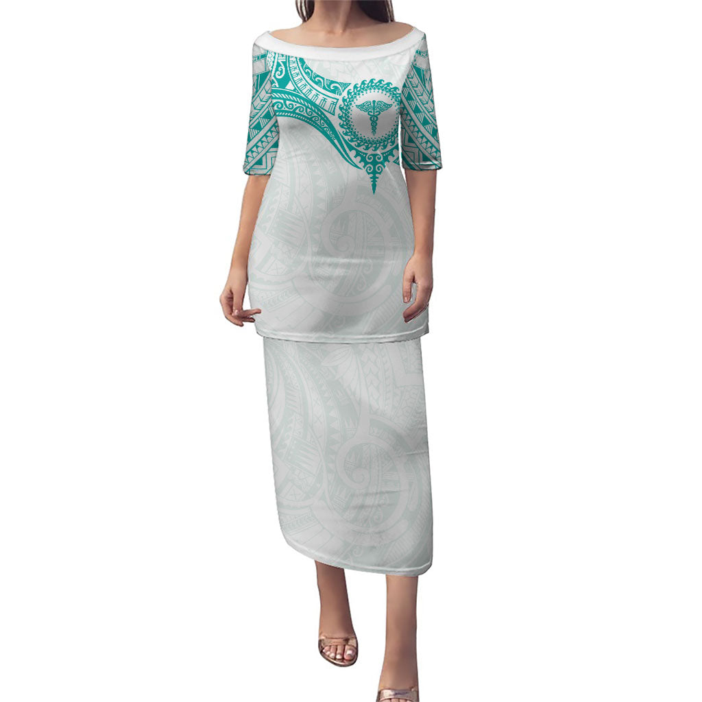 Personalised New Zealand Aotearoa Family Matching Puletasi and Hawaiian Shirt Nurse Tribal Teal Version
