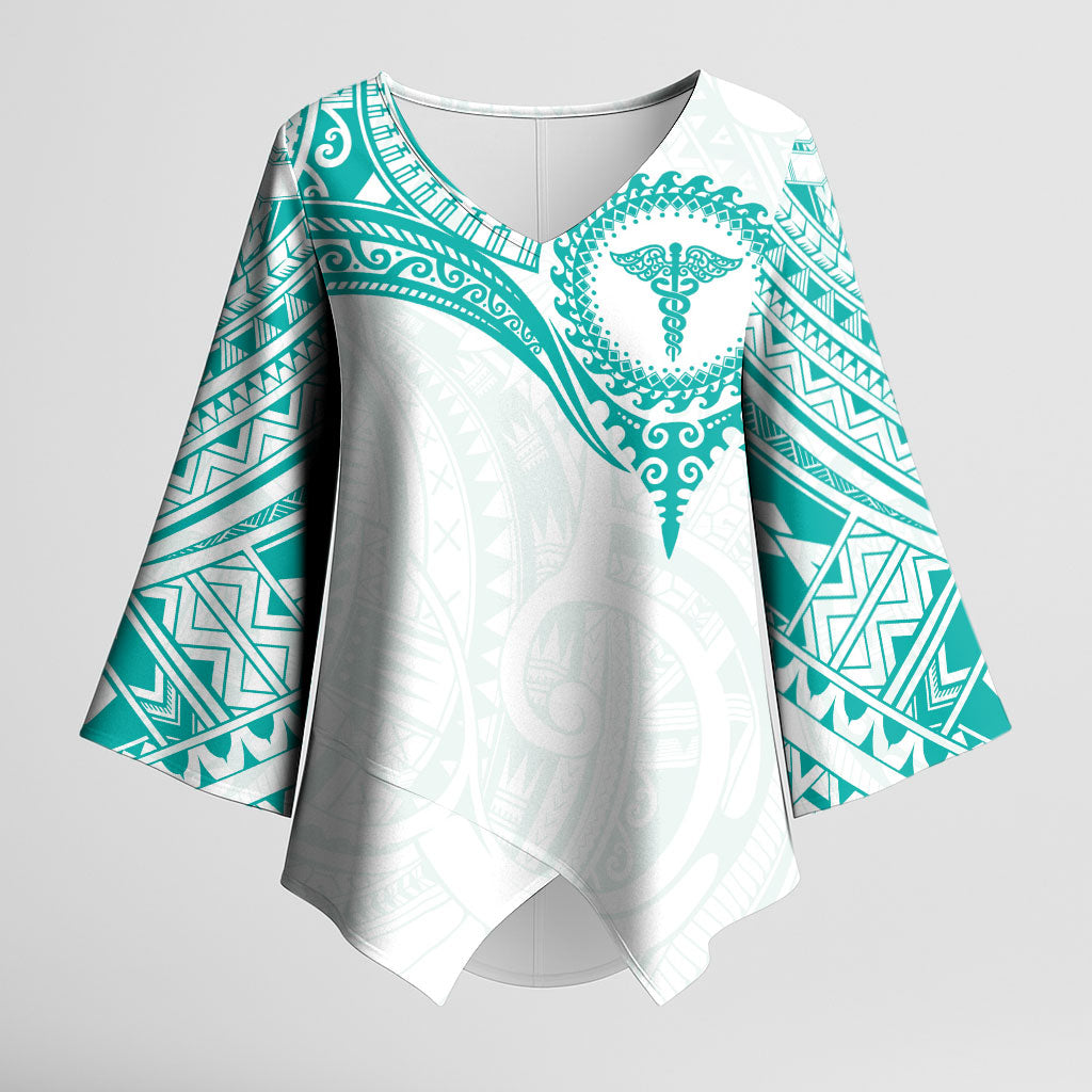 Personalised New Zealand Aotearoa Kimono Sleeve Blouse Nurse Tribal Teal Version LT05 Female Teal - Polynesian Pride