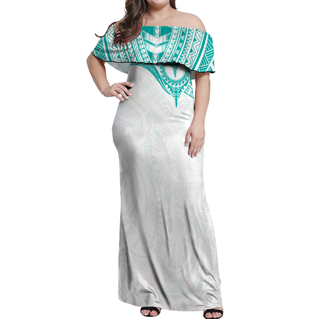 Personalised New Zealand Aotearoa Off Shoulder Maxi Dress Nurse Tribal Teal Version LT05 Women Teal - Polynesian Pride