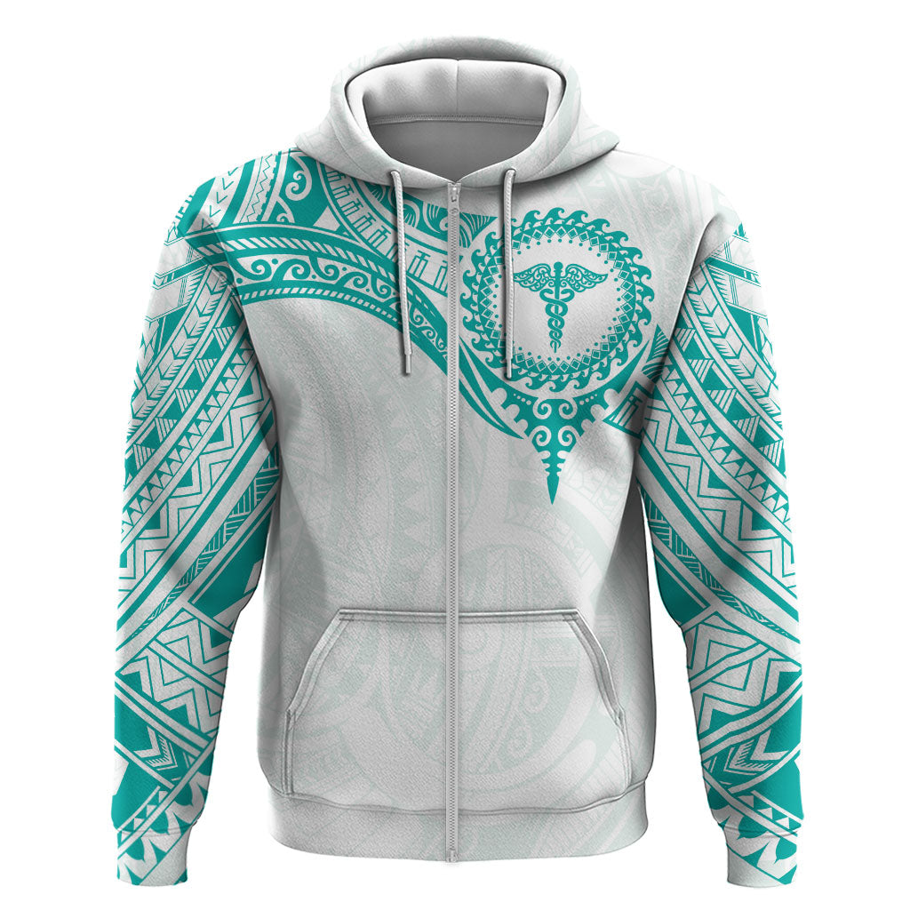 Personalised New Zealand Aotearoa Zip Hoodie Nurse Tribal Teal Version LT05 Zip Hoodie Teal - Polynesian Pride