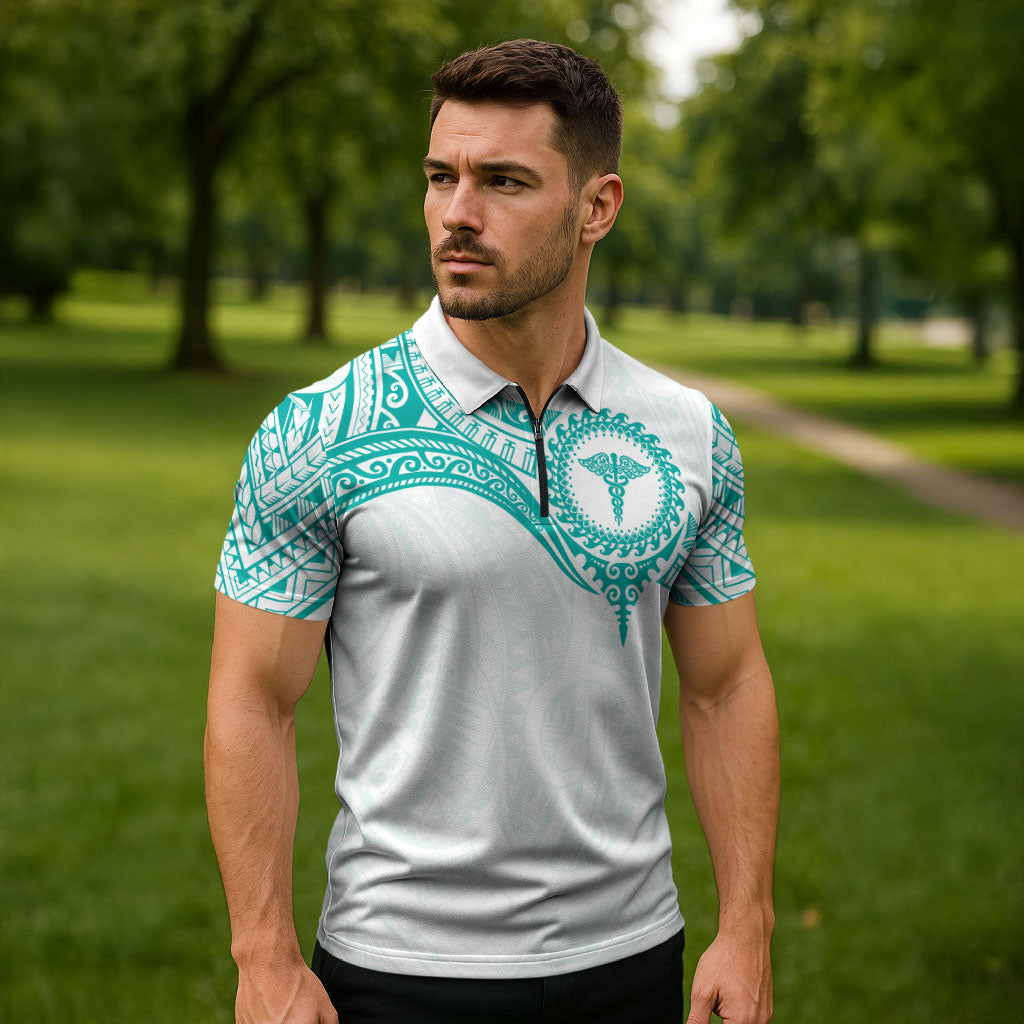 Personalised New Zealand Aotearoa Zipper Polo Shirt Nurse Tribal Teal Version