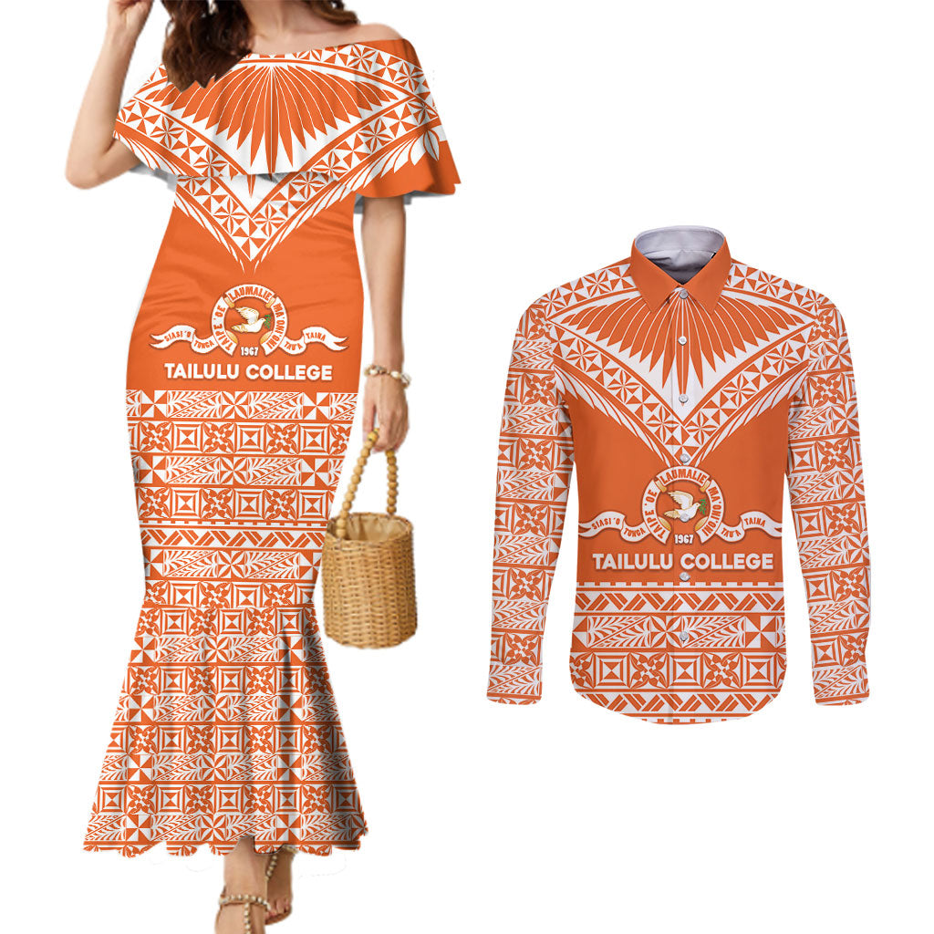 Personalised Tonga Tailulu College Couples Matching Mermaid Dress and Long Sleeve Button Shirt Tongan Kupesi Pattern