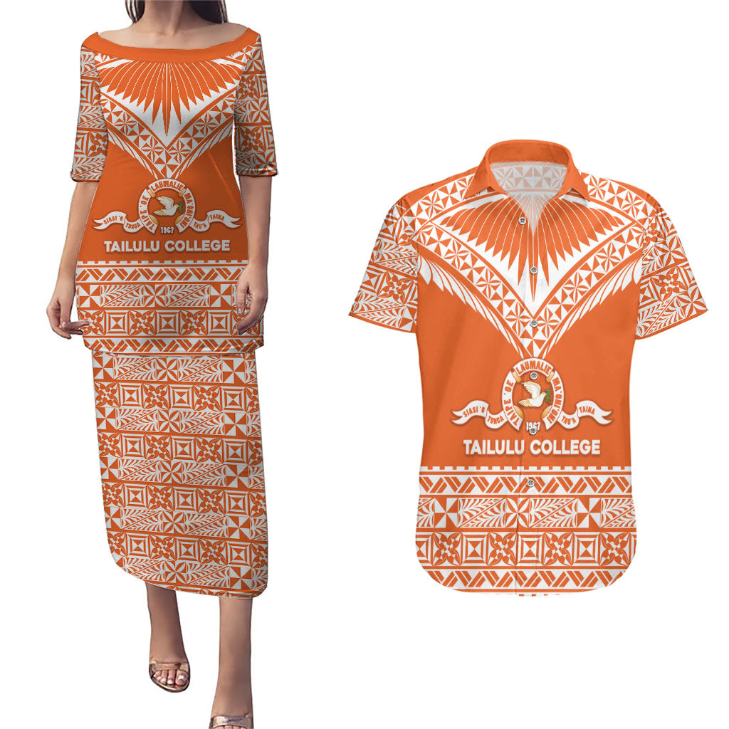 Personalised Tonga Tailulu College Couples Matching Puletasi and Hawaiian Shirt Tongan Kupesi Pattern