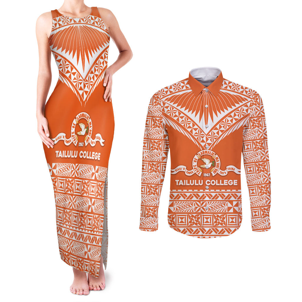 Personalised Tonga Tailulu College Couples Matching Tank Maxi Dress and Long Sleeve Button Shirt Tongan Kupesi Pattern