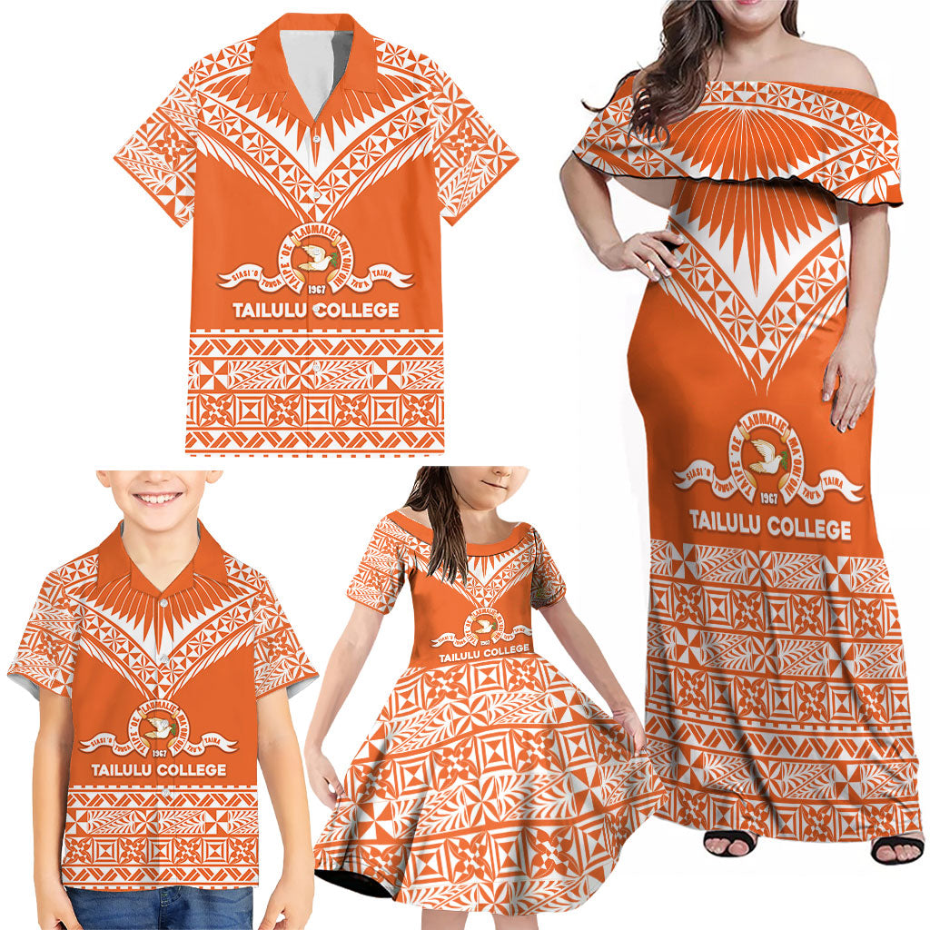 Personalised Tonga Tailulu College Family Matching Off Shoulder Maxi Dress and Hawaiian Shirt Tongan Kupesi Pattern
