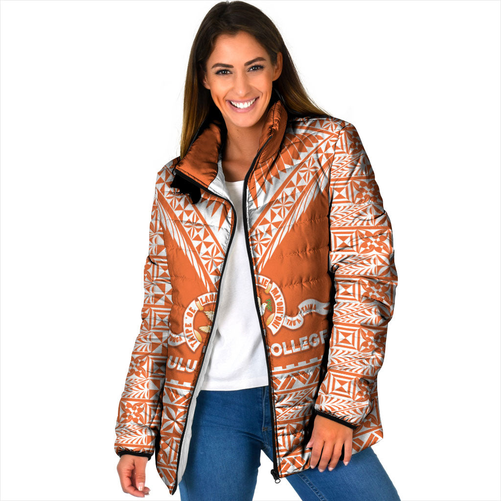 Personalised Tonga Tailulu College Padded Jacket Tongan Kupesi Pattern LT05 Women Orange - Polynesian Pride