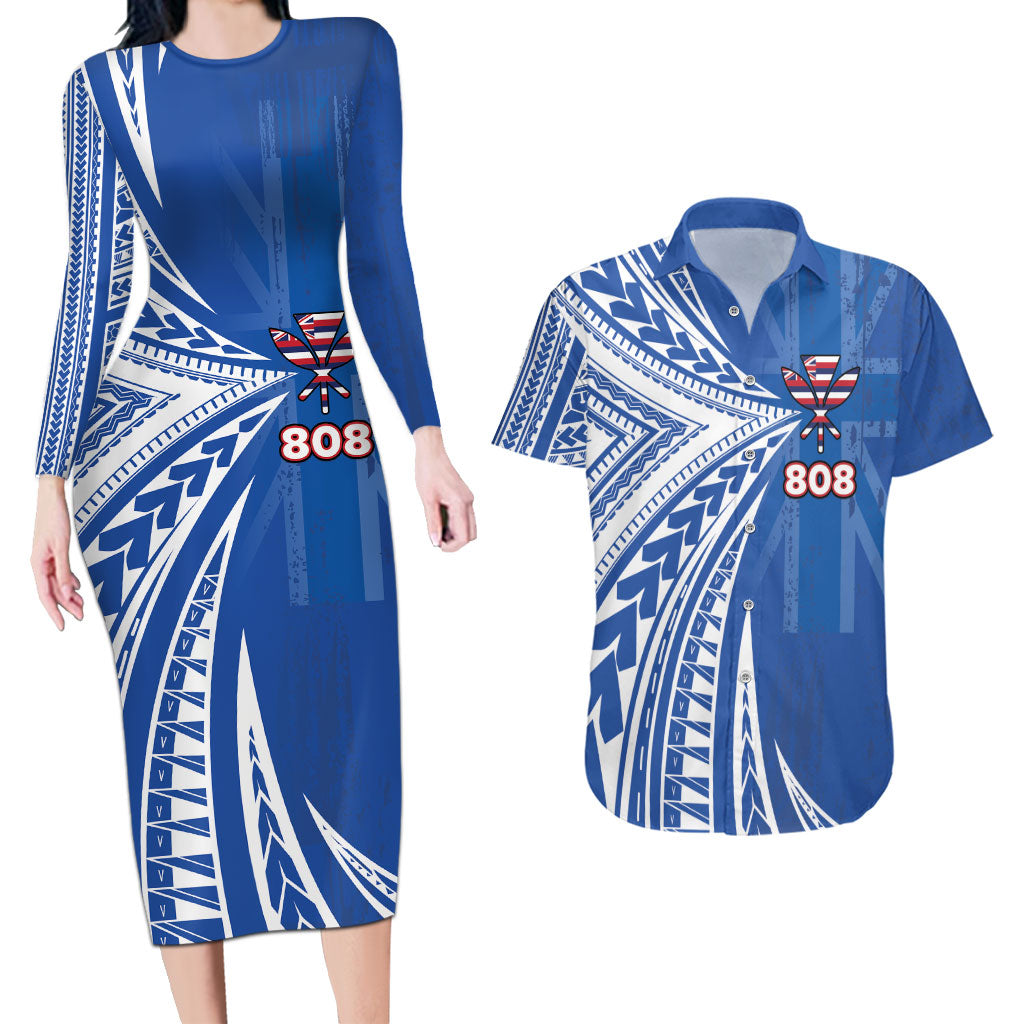 Personalised Hawaii 808 Couples Matching Long Sleeve Bodycon Dress and Hawaiian Shirt Unique Style LT05 Blue - Polynesian Pride