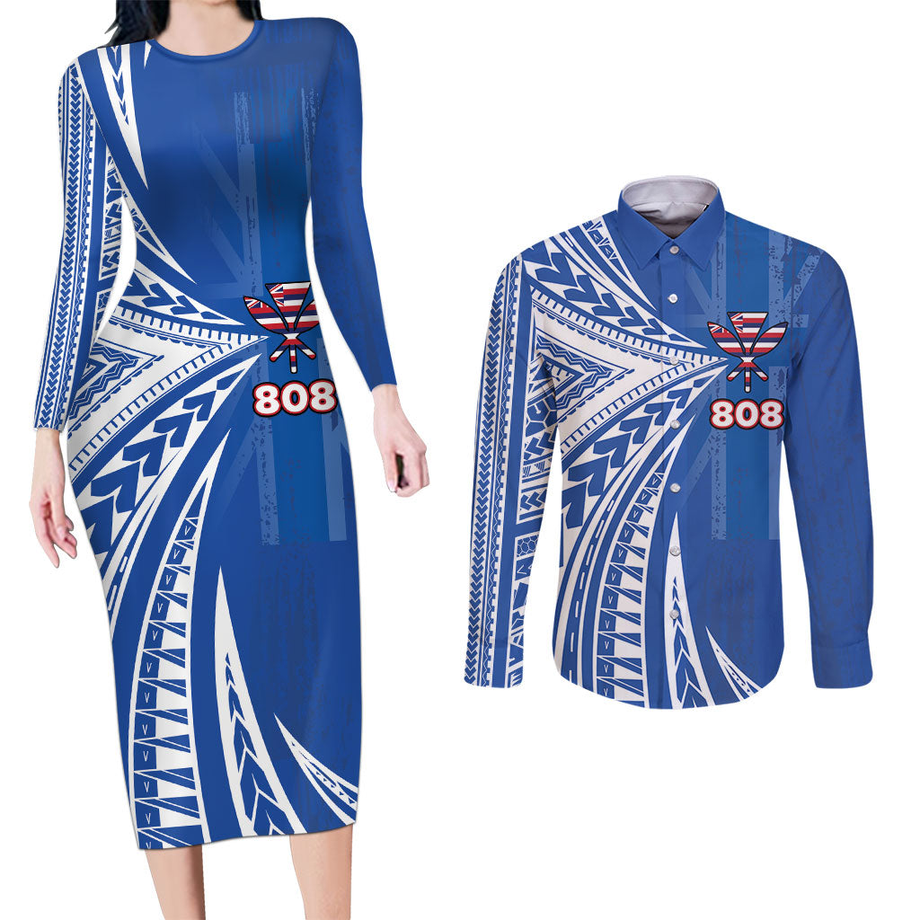 Personalised Hawaii 808 Couples Matching Long Sleeve Bodycon Dress and Long Sleeve Button Shirt Unique Style LT05 Blue - Polynesian Pride