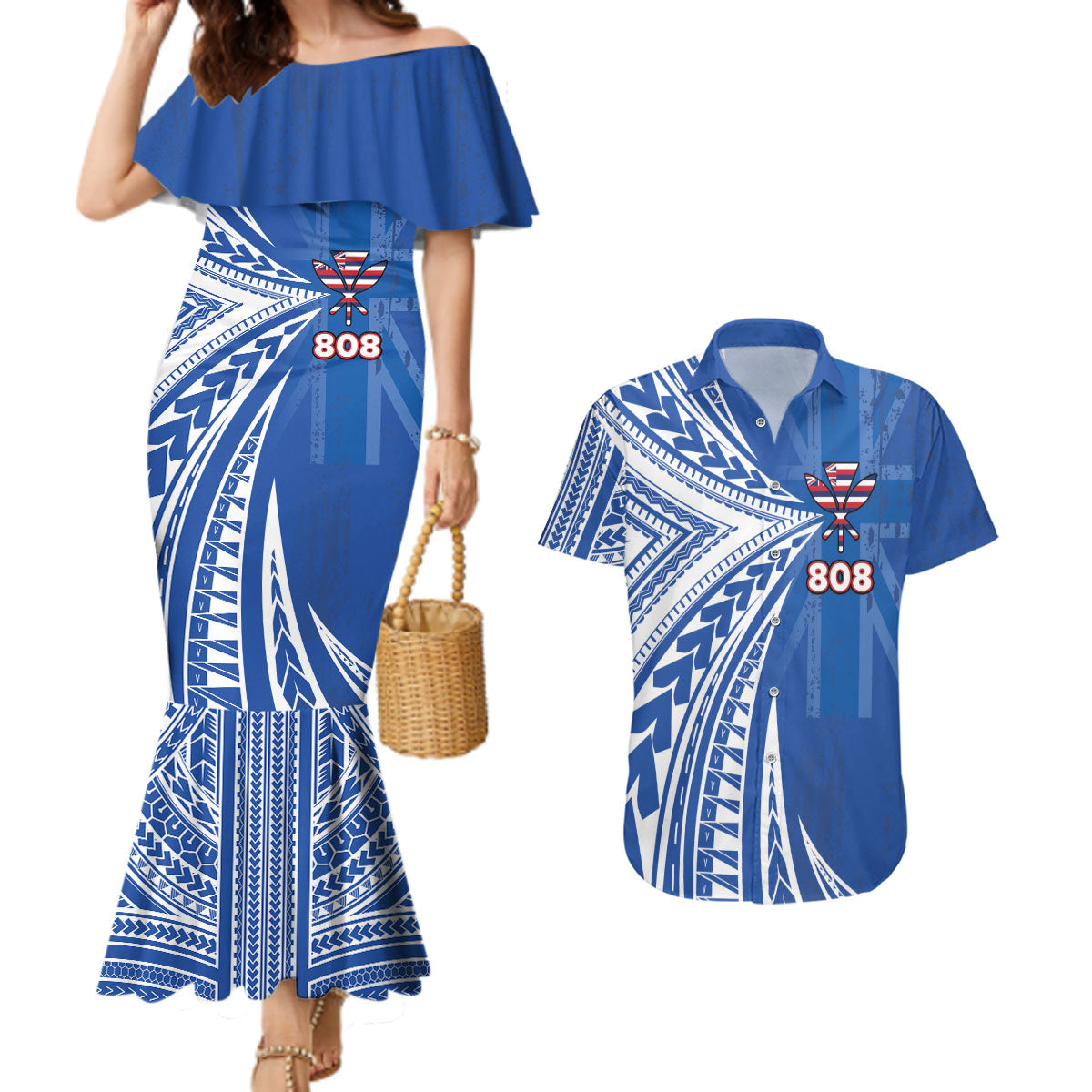 Personalised Hawaii 808 Couples Matching Mermaid Dress and Hawaiian Shirt Unique Style LT05 Blue - Polynesian Pride