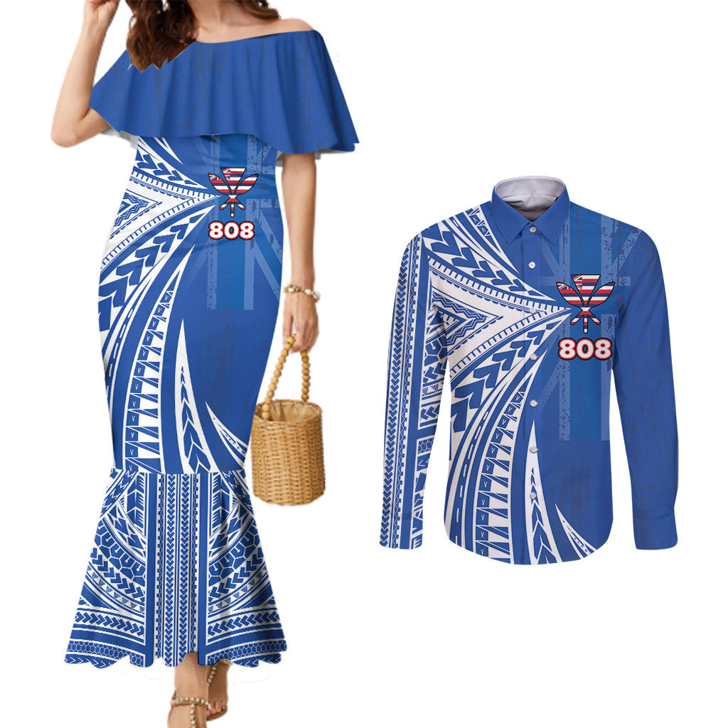 Personalised Hawaii 808 Couples Matching Mermaid Dress and Long Sleeve Button Shirt Unique Style LT05 Blue - Polynesian Pride