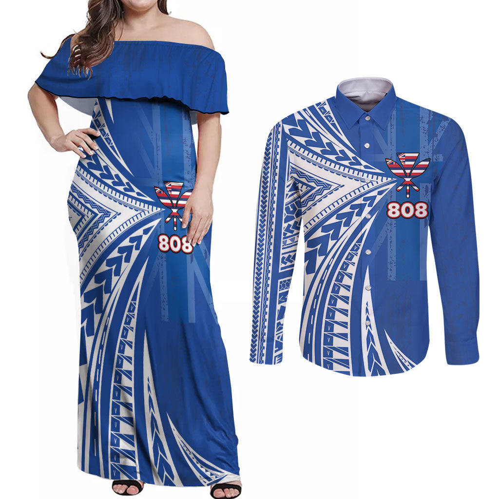 Personalised Hawaii 808 Couples Matching Off Shoulder Maxi Dress and Long Sleeve Button Shirt Unique Style LT05 Blue - Polynesian Pride