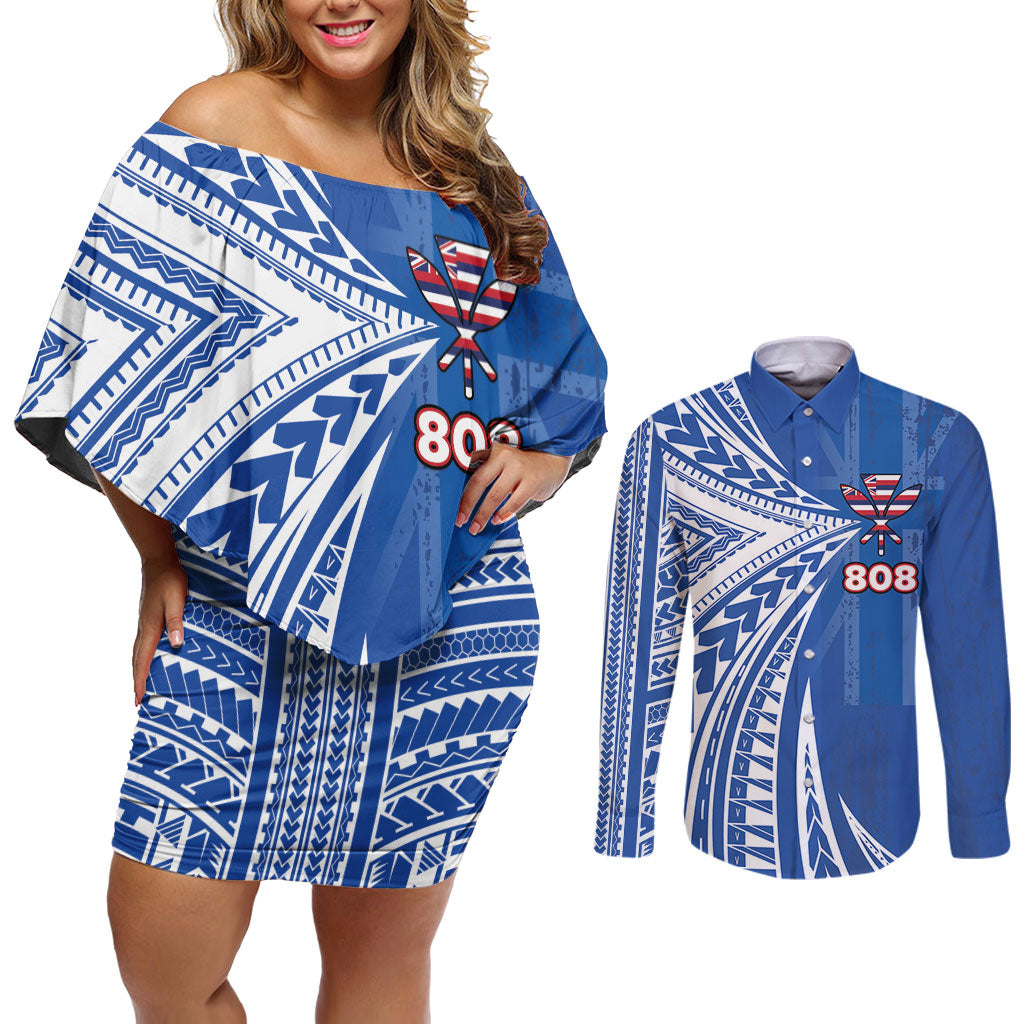 Personalised Hawaii 808 Couples Matching Off Shoulder Short Dress and Long Sleeve Button Shirt Unique Style LT05 Blue - Polynesian Pride