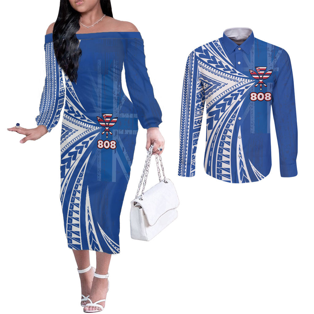 Personalised Hawaii 808 Couples Matching Off The Shoulder Long Sleeve Dress and Long Sleeve Button Shirt Unique Style LT05 Blue - Polynesian Pride
