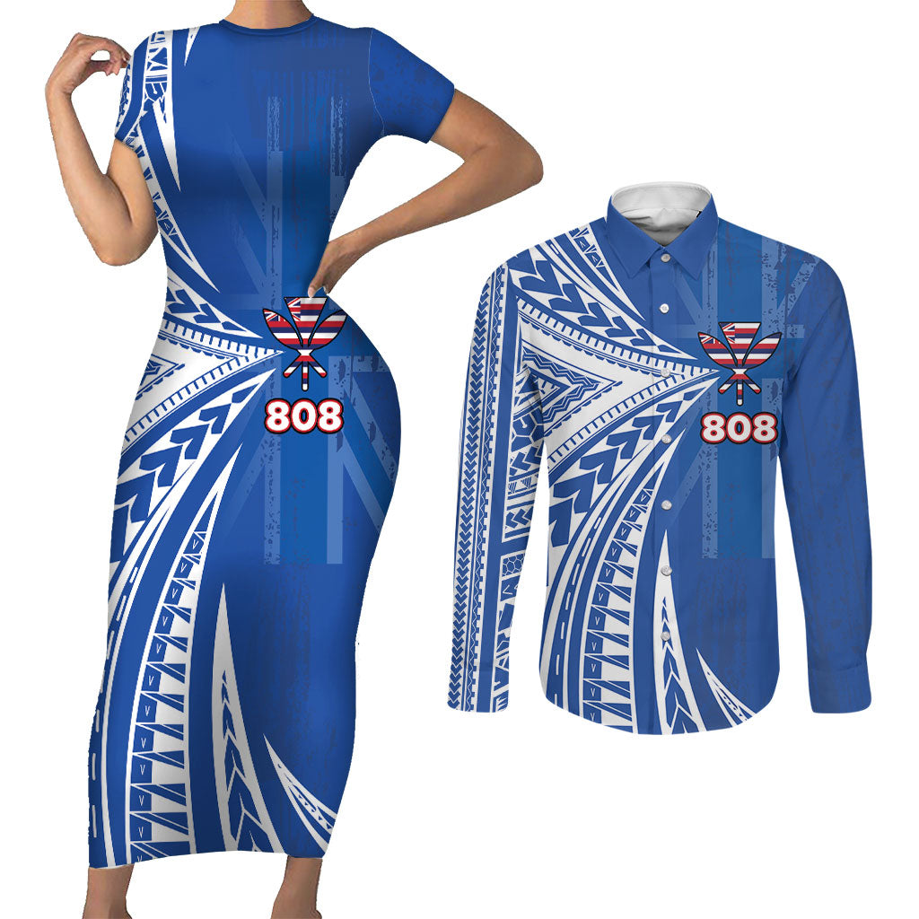 Personalised Hawaii 808 Couples Matching Short Sleeve Bodycon Dress and Long Sleeve Button Shirt Unique Style LT05 Blue - Polynesian Pride