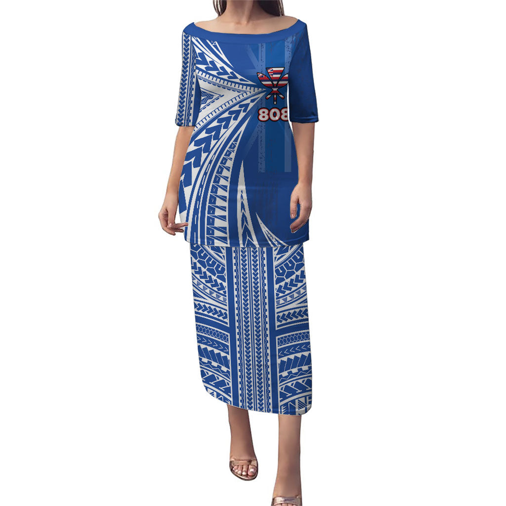 Personalised Hawaii 808 Family Matching Puletasi and Hawaiian Shirt Unique Style LT05 Mom's Dress Blue - Polynesian Pride