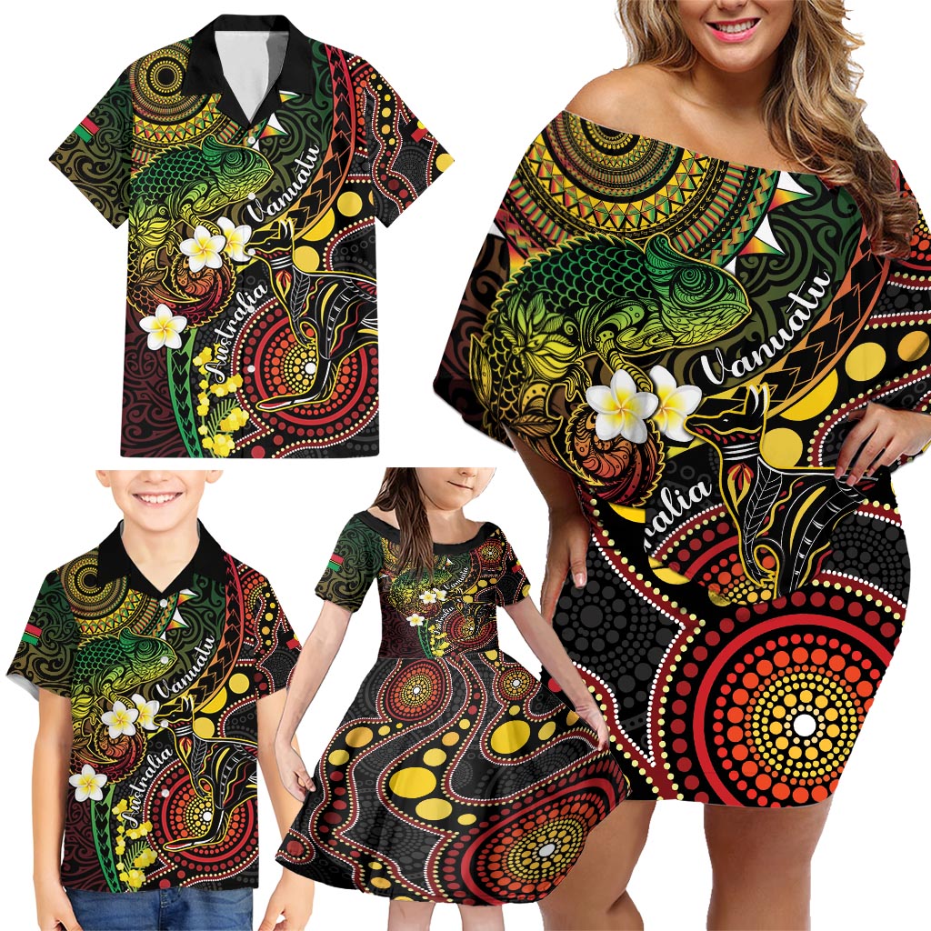 Vanuatu And Australia Aboriginal Family Matching Off Shoulder Short Dress and Hawaiian Shirt Iguana And Kangaroo Together