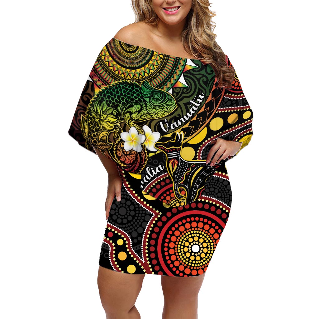 Vanuatu And Australia Aboriginal Family Matching Off Shoulder Short Dress and Hawaiian Shirt Iguana And Kangaroo Together